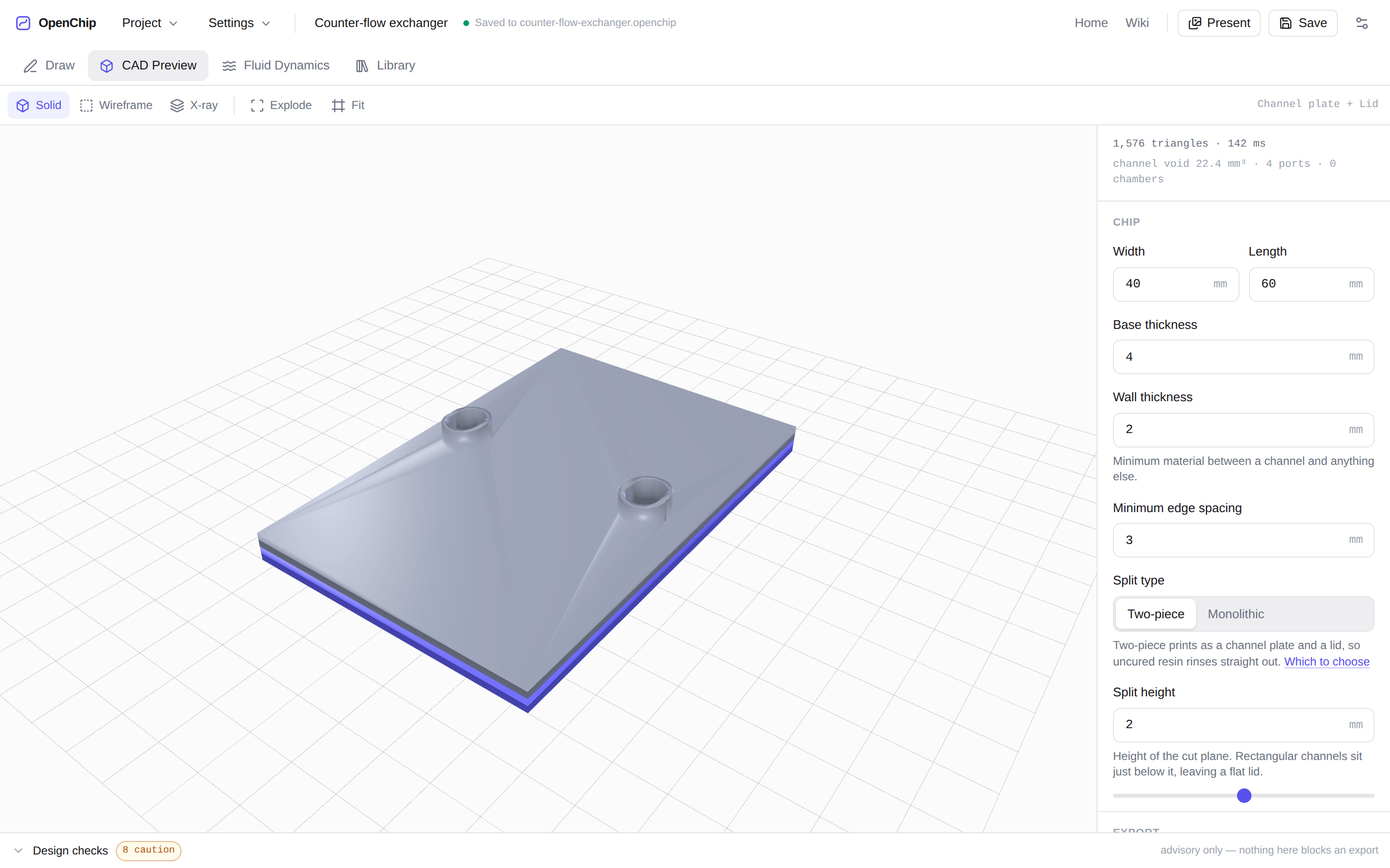 The same chip as a solid in the 3D preview, seen from a three-quarter angle: a 40 × 60 mm block with two luer port bosses, split into a channel plate and a lid, beside its live parameter panel.