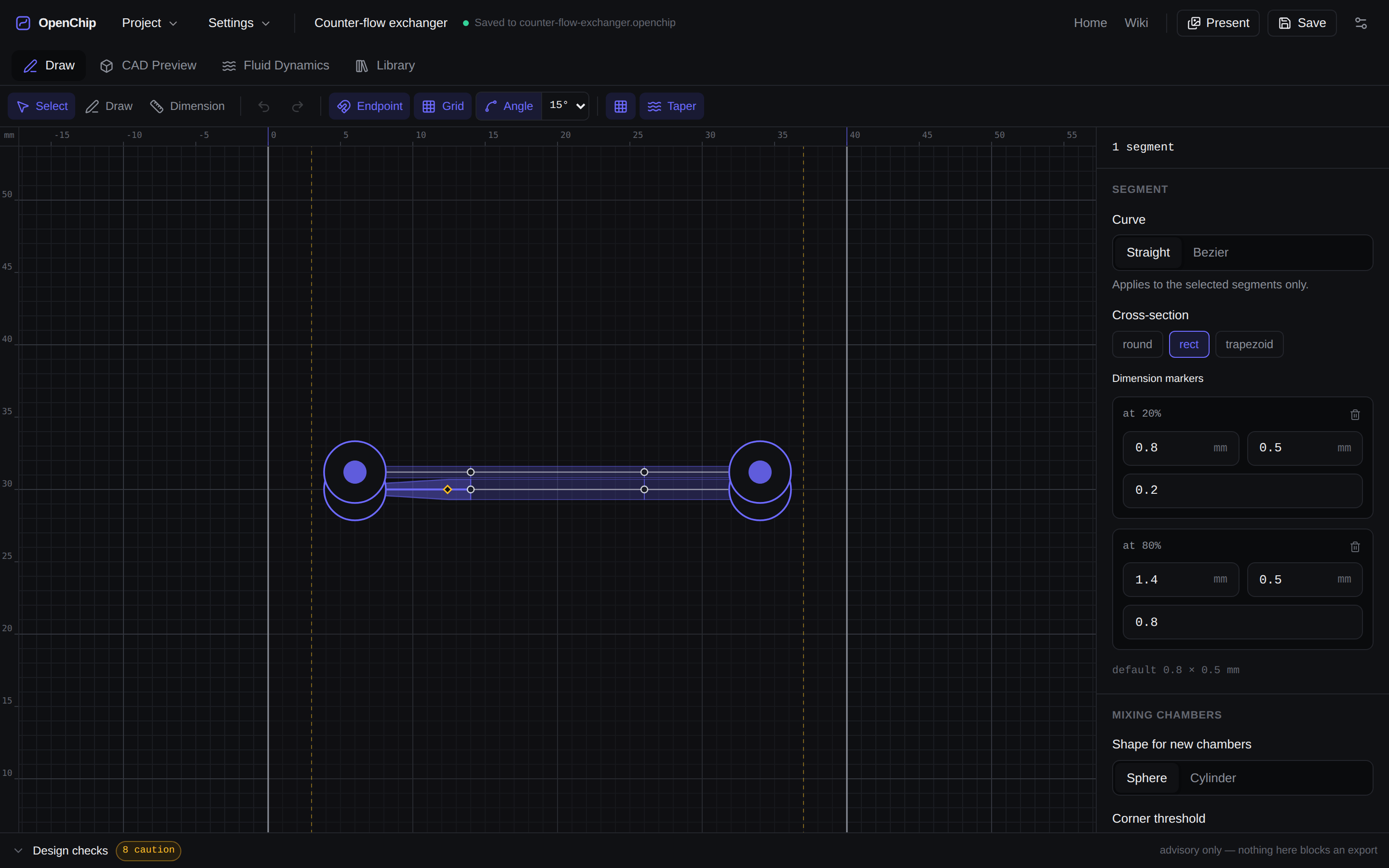 The Draw tab with a counter-flow exchanger open: two channels running in opposite directions 1.2 mm apart, with a selected segment lofting from 0.8 mm to 1.4 mm between two dimension markers.